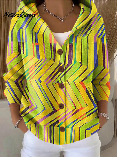 Women's Abstract Geometric Painting Art Print Casual Hooded Button Sweater