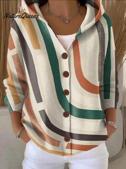 Women's Abstract Geometric Stripes Painting Art Print Casual Hooded Button Sweater