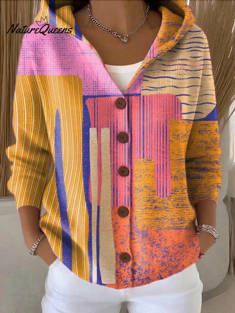 Women's Abstract Geometric Multicolor Block Painting Art Print Casual Hooded Button Sweater