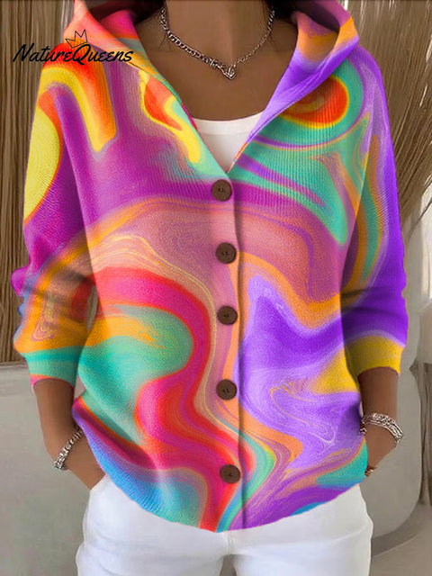 Women's Bright Colorful Abstract Paint Graffiti Painting Art Print Casual Hooded Button Sweater