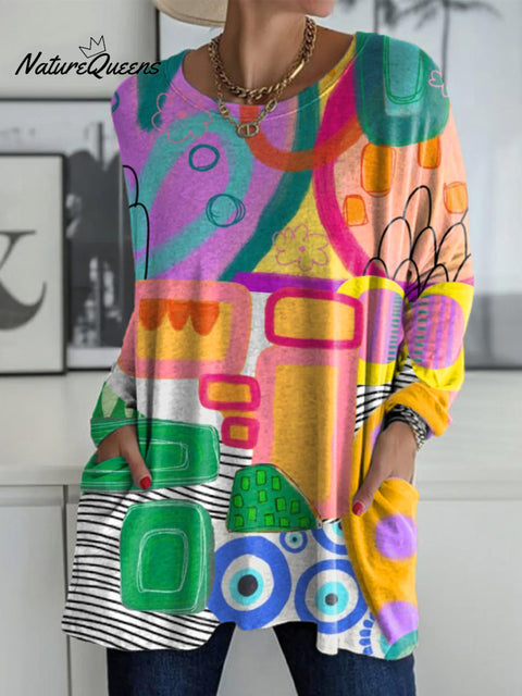 Women's Beautiful Colorful Abstract Geometric Graffiti Painting Art Print Casual Long Sleeve T-shirt