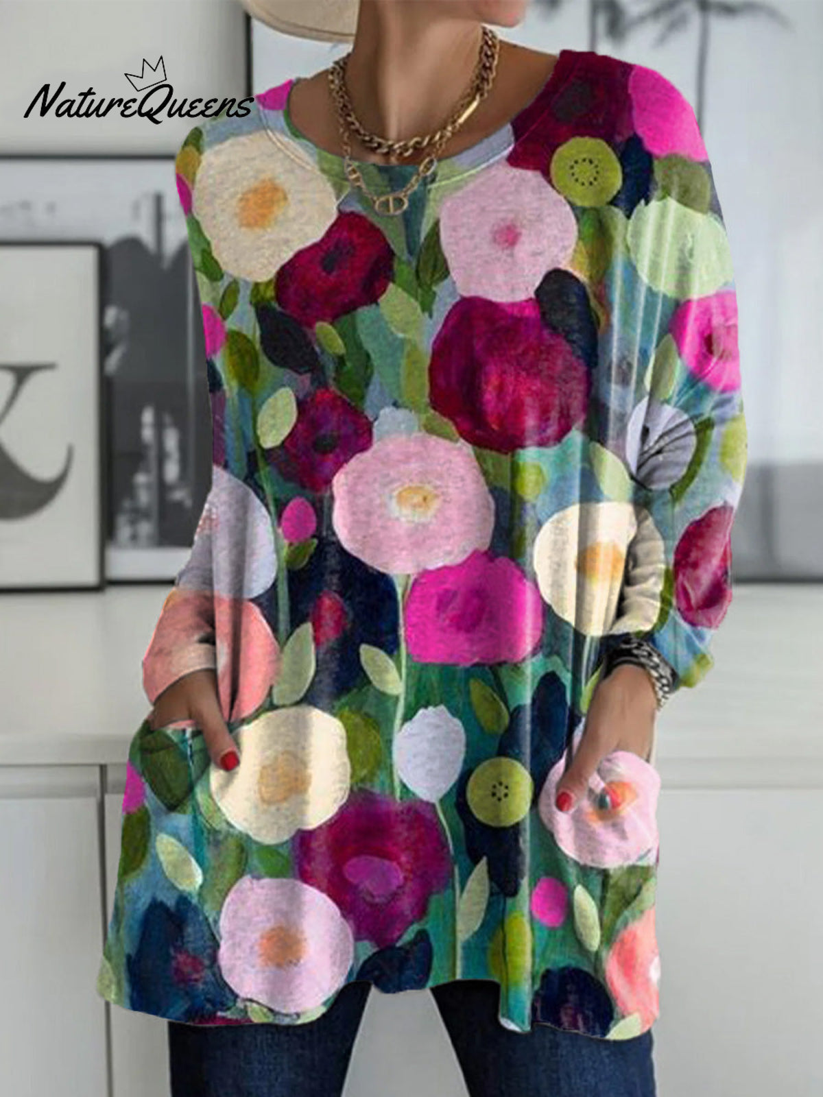 Women's Beautiful Abstract Colorful Floral Painting Art Print Casual Long Sleeve T-shirt