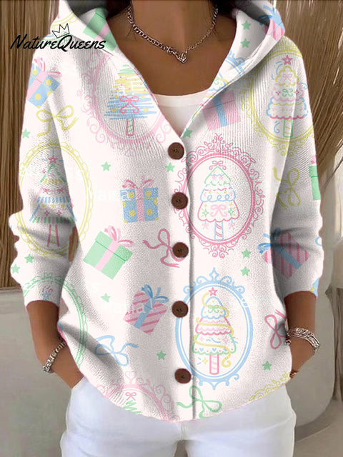 Women's Cute Christmas Tree Gift Drawing Art Print Casual Hooded Button Sweater