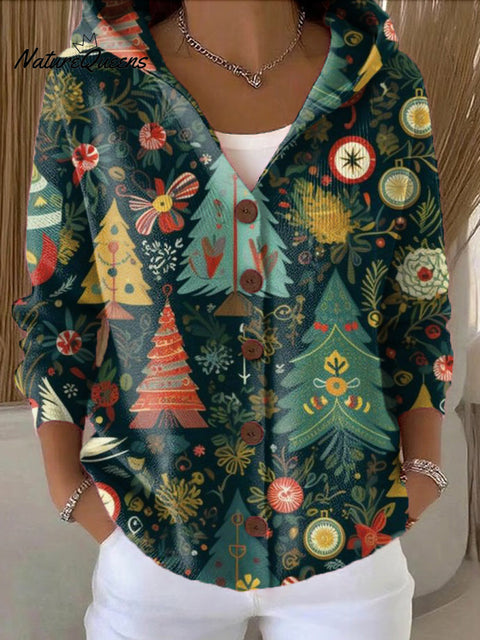 Women's Winter Christmas Gift Painting Art Print Casual Hooded Button Sweater