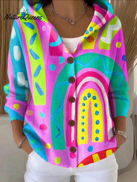 Women's Beautiful Colorful Abstract Arch Graffiti Painting Art Print Casual Hooded Button Sweater