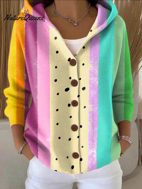 Women's Beautiful Colorful Abstract Stripe Painting Art Print Casual Hooded Button Sweater