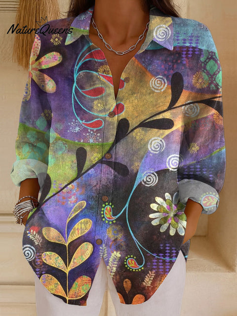 Women's Beautiful Colorful Abstract Leaves Painting Art Print Casual Cotton Shirt