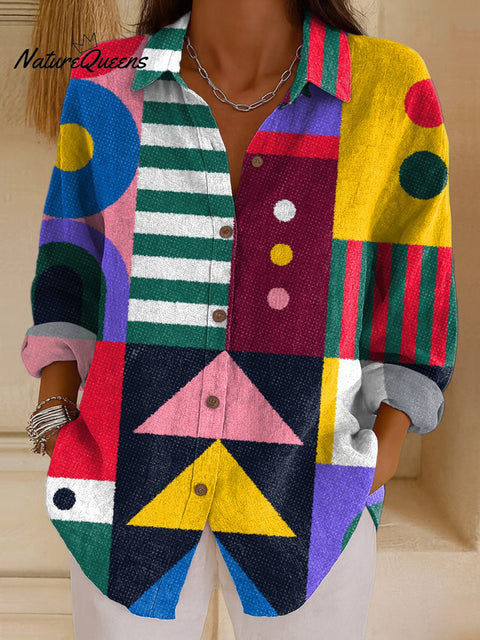 Women's Beautiful Colorful Abstract Geometric Painting Art Print Casual Cotton Shirt