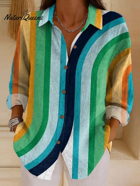 Women's Beautiful Colorful Striped Painting Art Print Casual Cotton Shirt
