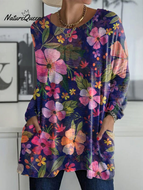 Women's Beautiful Abstract Large Flower Painting Art Print Casual Long Sleeve T-shirt