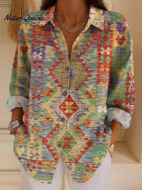 Women's Colorful Ethnic Rhombus Geometric Art Print Casual Cotton Shirt