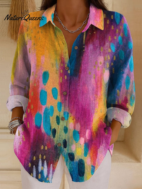Women's Colorful Abstract Paint Graffiti Painting Art Print Casual Cotton Shirt