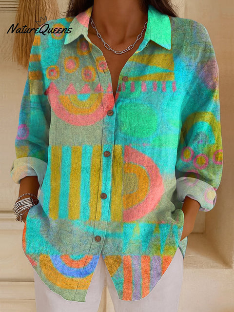 Women's Colorful Abstract Geometric Graffiti Painting Art Print Casual Cotton Shirt