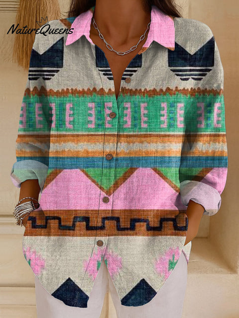 Women's Beautiful Colorful Abstract Geometric Stripes Painting Art Print Casual Cotton Shirt