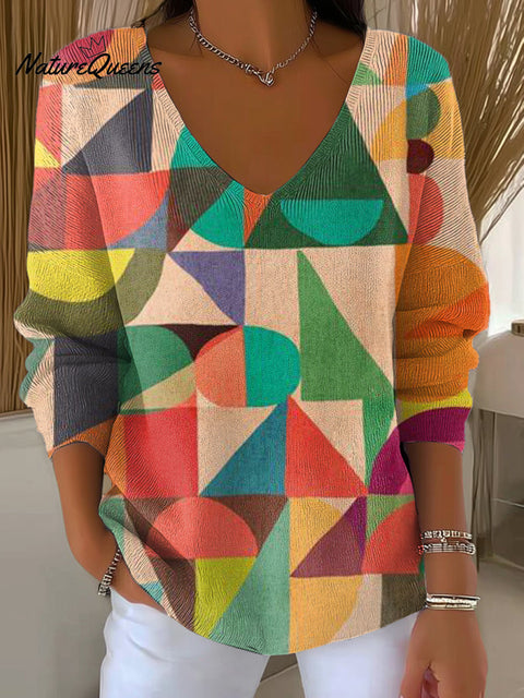 Women's Beautiful Colorful Abstract Geometric Painting Art Print Casual Pullover Sweater