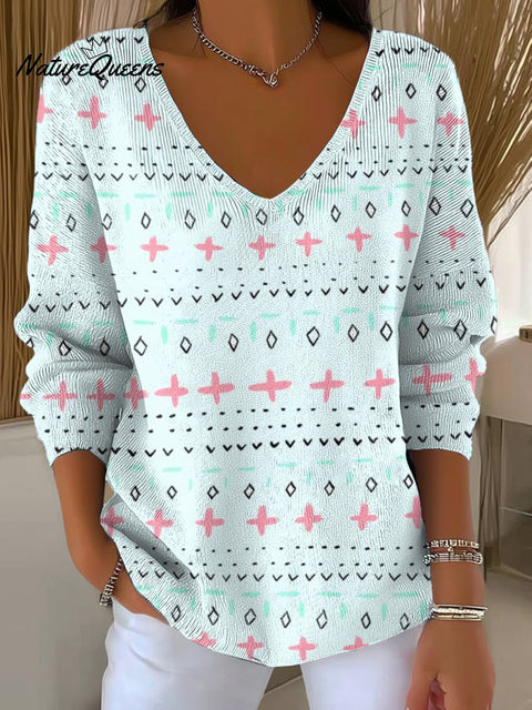Women's Diverse Geometric Stripe Painting Art Print Casual Pullover Sweater