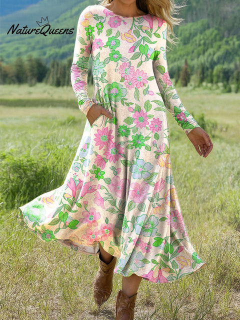 Women's Beautiful Bright Floral Painting Art Print Long-sleeved Dress