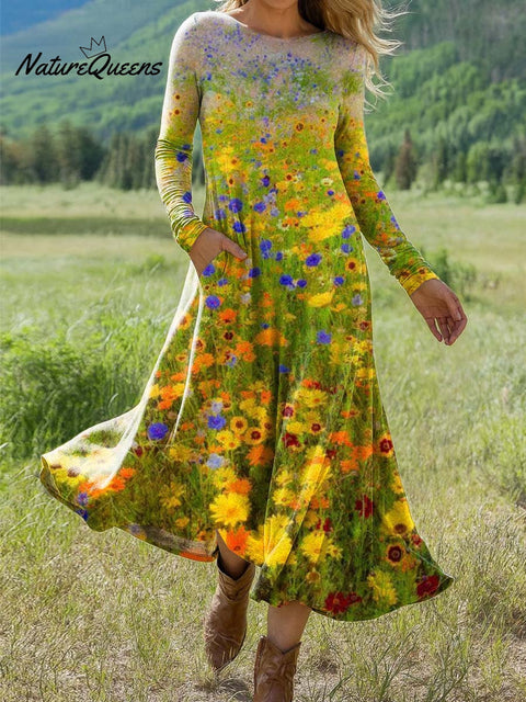 Women's Beautiful Colorful Flower Field Painting Art Print Long-sleeved Dress