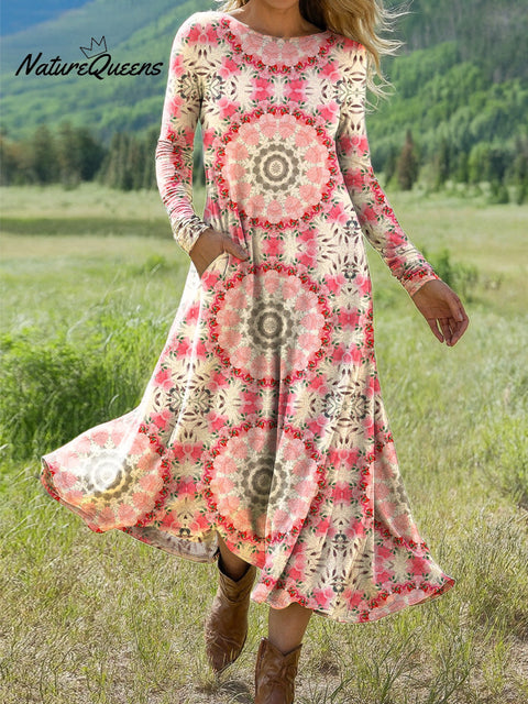 Women's Beautiful Circular Floral Geometric Art Print Long-sleeved Dress
