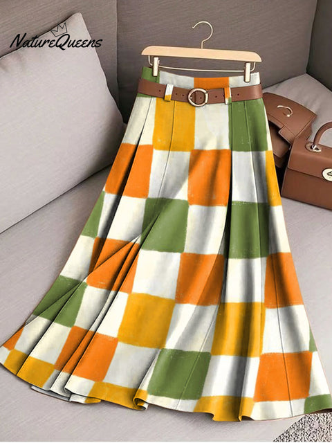 Women's Beautiful Multicolor Plaid Painting Art Print Cotton Skirt