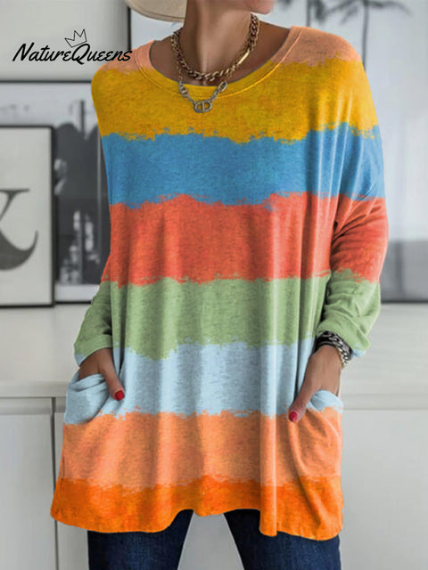 Women's Beautiful Colorful Striped Painting Art Print Casual Long Sleeve T-shirt