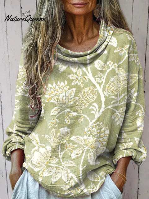 Women's Beautiful Ethnic Floral Art Print Casual Long Sleeve Comfortable Cotton Shirt