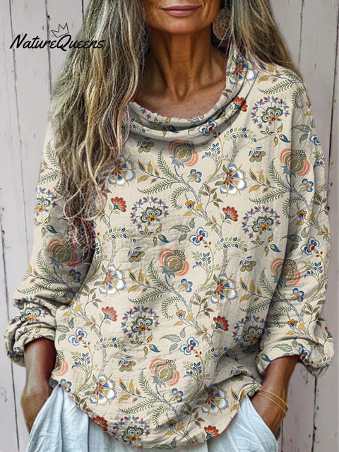 Women's Beautiful Ethnic Floral Art Print Casual Long Sleeve Comfortable Cotton Shirt