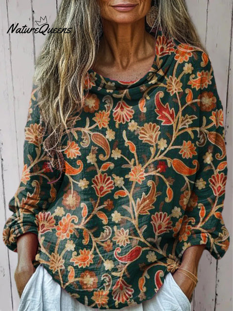 Women's Beautiful Ethnic Floral Leaves Art Print Casual Long Sleeve Comfortable Cotton Shirt
