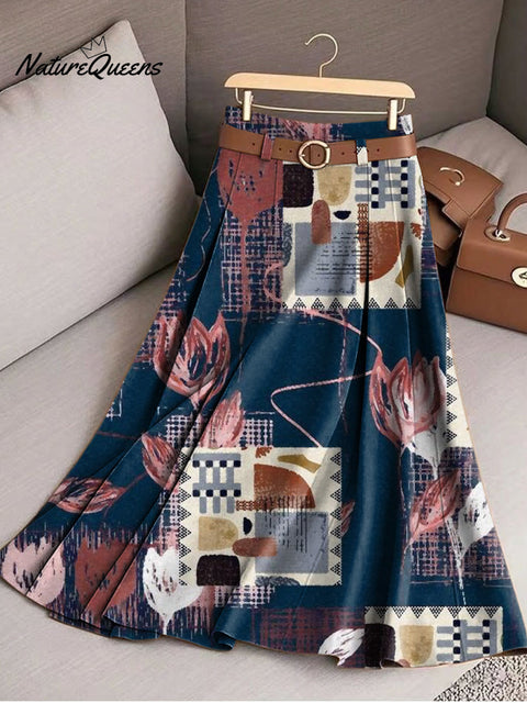 Women's Abstract Floral Plaid Splicing Painting Art Print Cotton Skirt