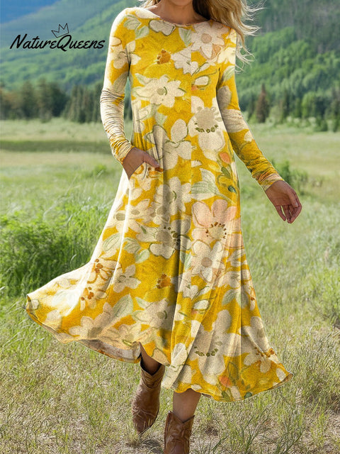 Women's Beautiful Large Flower Painting Art Print Long-sleeved Dress