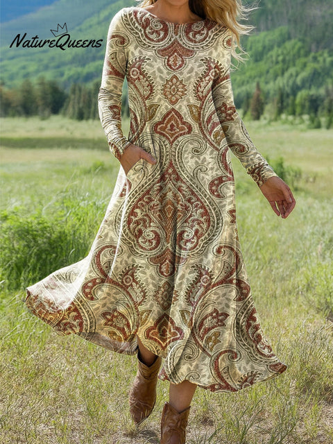Women's Beautiful Ethnic Floral Painting Art Print Long-sleeved Dress