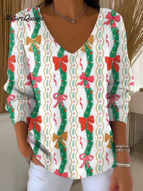 Women's Beautiful Christmas Gift Stripe Painting Art Print Casual Pullover Sweater