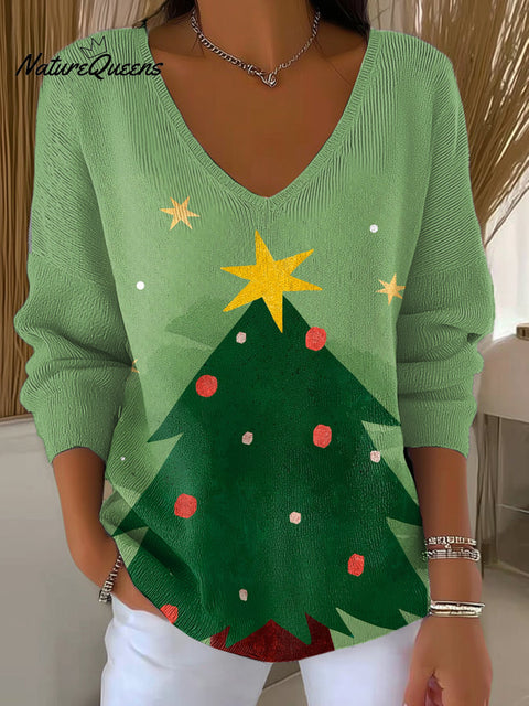 Women's Beautiful Winter Christmas Tree Gift Painting Art Print Casual Pullover Sweater