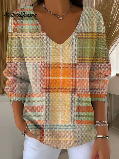Women's Beautiful Abstract Multi-Checkered Painting Art Print Casual Pullover Sweater