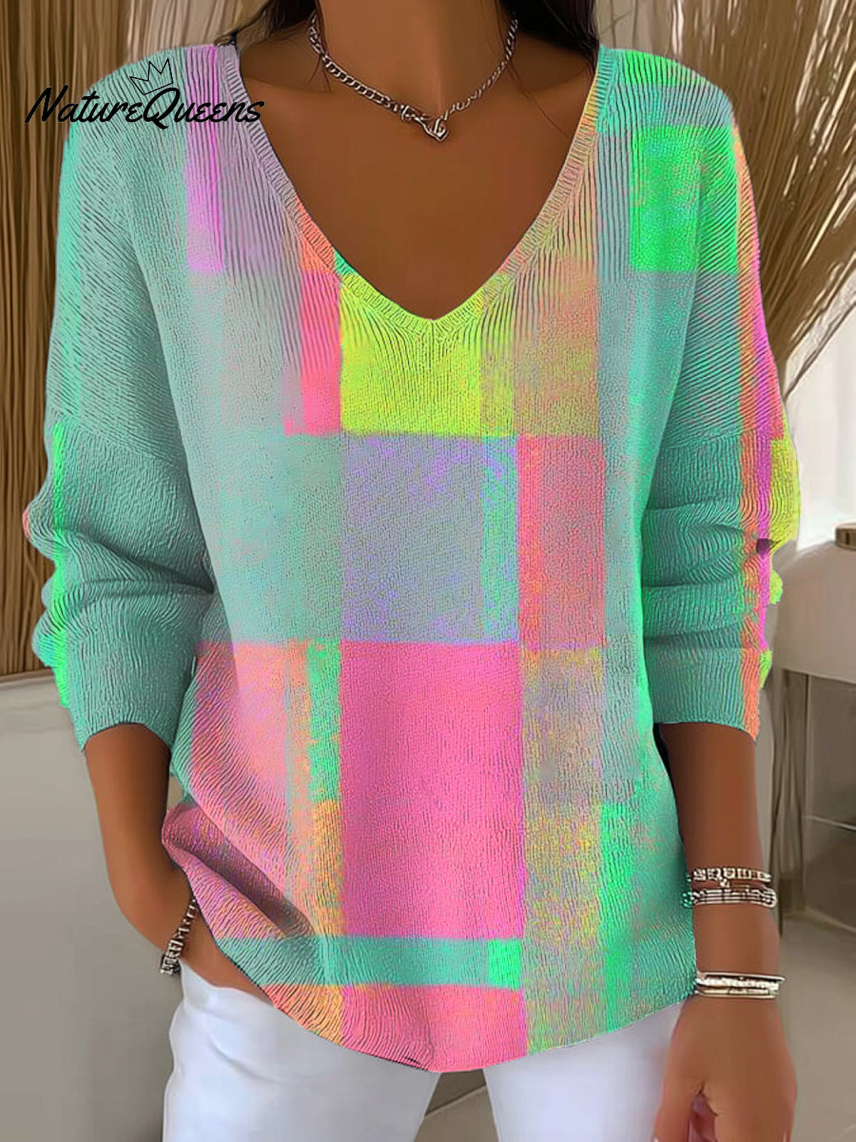Women's Abstract Colorful Geometric Color Block Painting Art Print Casual Pullover Sweater