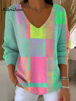 Women's Abstract Colorful Geometric Color Block Painting Art Print Casual Pullover Sweater