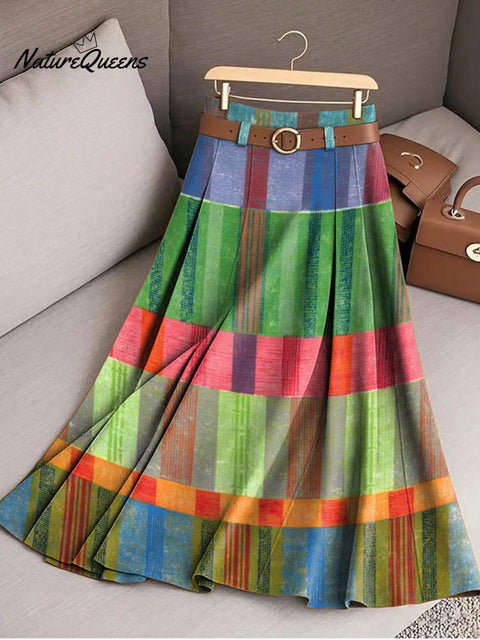 Women's Colorful Geometric Check Art Print Cotton Skirt