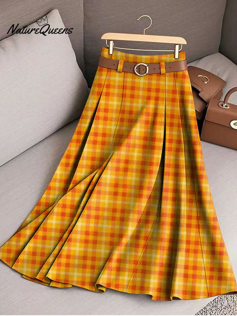 Women's Beautiful Orange Check Painting Art Print Cotton Skirt