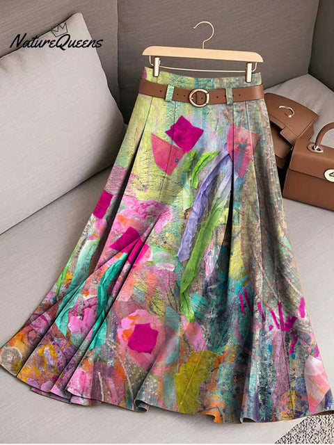 Women's Beautiful Colorful Abstract Large Flower Painting Art Print Cotton Skirt