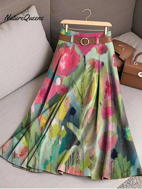 Women's Beautiful Colorful Abstract Large Flower Painting Art Print Cotton Skirt