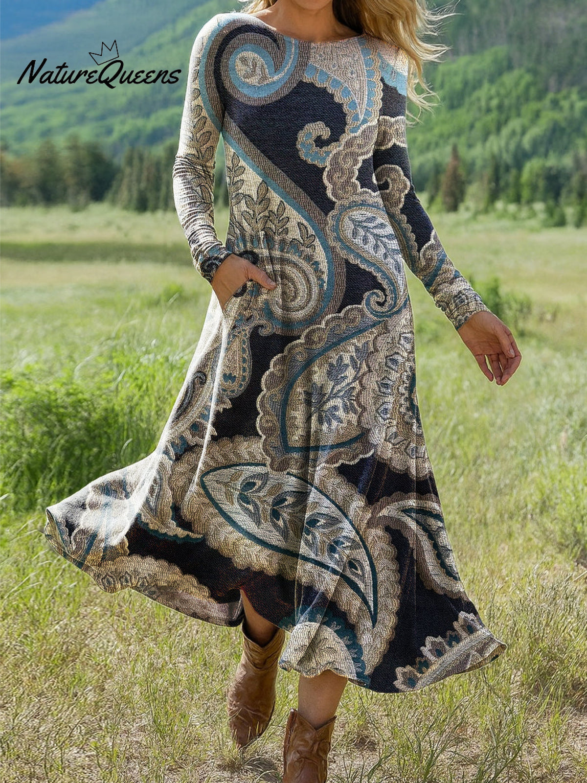 Women's Beautiful Ethnic Paisley Floral Art Print Long-sleeved Dress