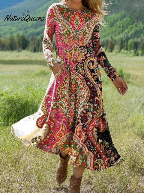 Women's Beautiful Ethnic Paisley Floral Geometric Art Print Long-sleeved Dress