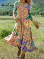Women's Beautiful Colorful Ethnic Paisley Floral Art Print Long-sleeved Dress