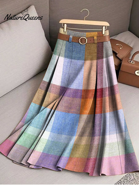 Women's Multicolor Check Graphic Art Print Cotton Skirt