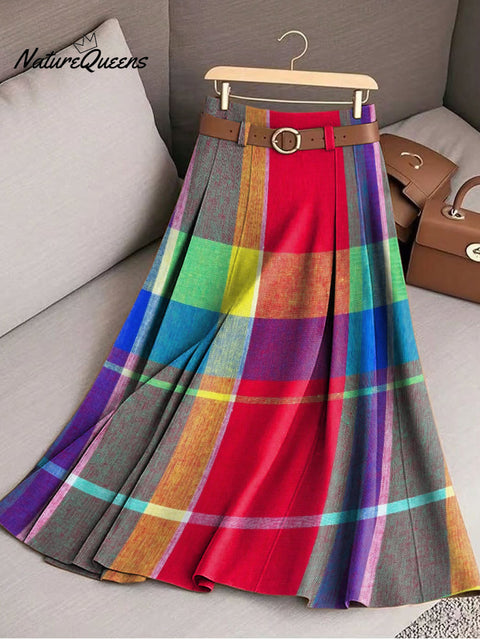 Women's Multicolor Check Graphic Art Print Cotton Skirt