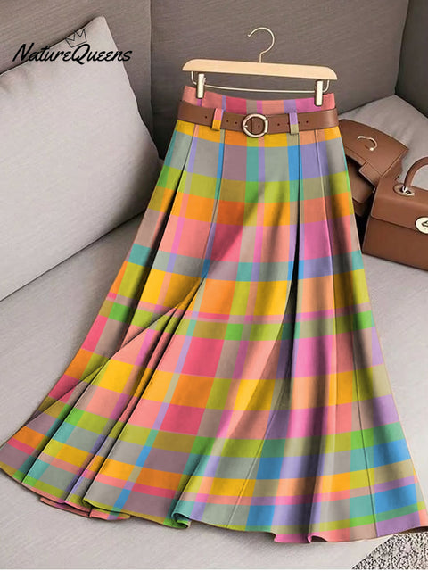 Women's Multicolor Check Graphic Art Print Cotton Skirt