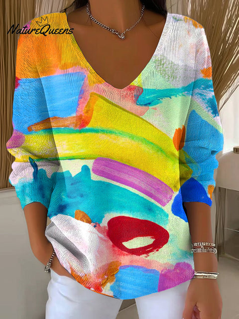 Women's Beautiful Abstract Bright Watercolor Graffiti Painting Art Print Casual Pullover Sweater
