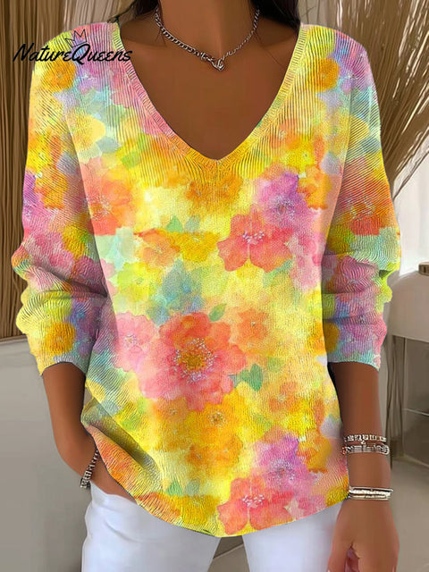 Women's Beautiful Abstract Bright Floral Painting Art Print Casual Pullover Sweater