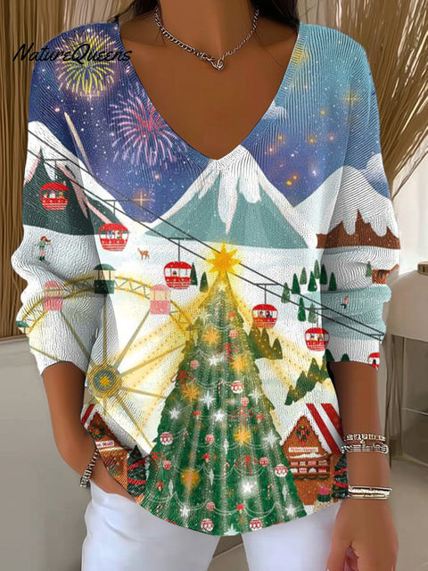 Women's Winter Snow Mountain Merry Christmas Amusement Park Painting Art Print Casual Pullover Sweater