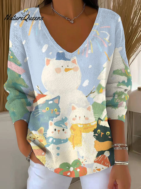 Women's Winter Christmas Tree Snowman Cat Painting Art Print Casual Pullover Sweater